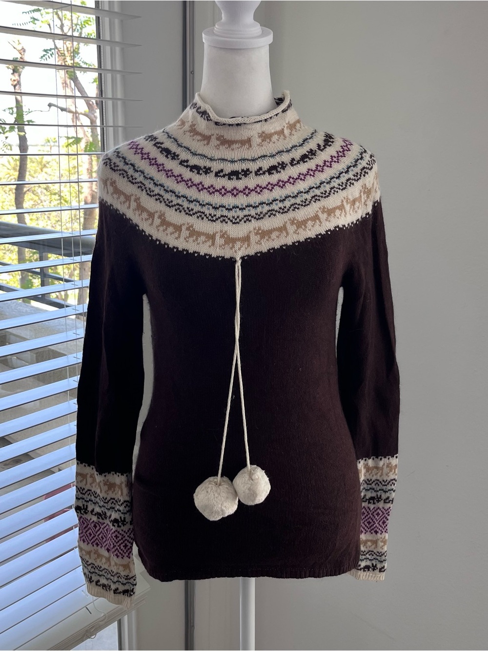 Moda International Brown Nordic Pom-Pom Turtleneck Sweater with Cream Yoke